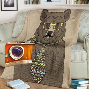 CUTE PHOTOGRAPHER BEAR WITH TIE AND GLASSES BEST SELLER FLEECE BLANKET GIFT FOR FAN