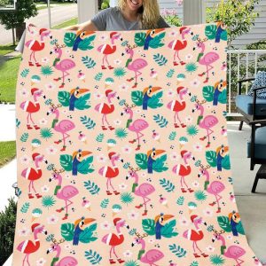 Flamingo Christmas Xmas Tropical Plant Blanket